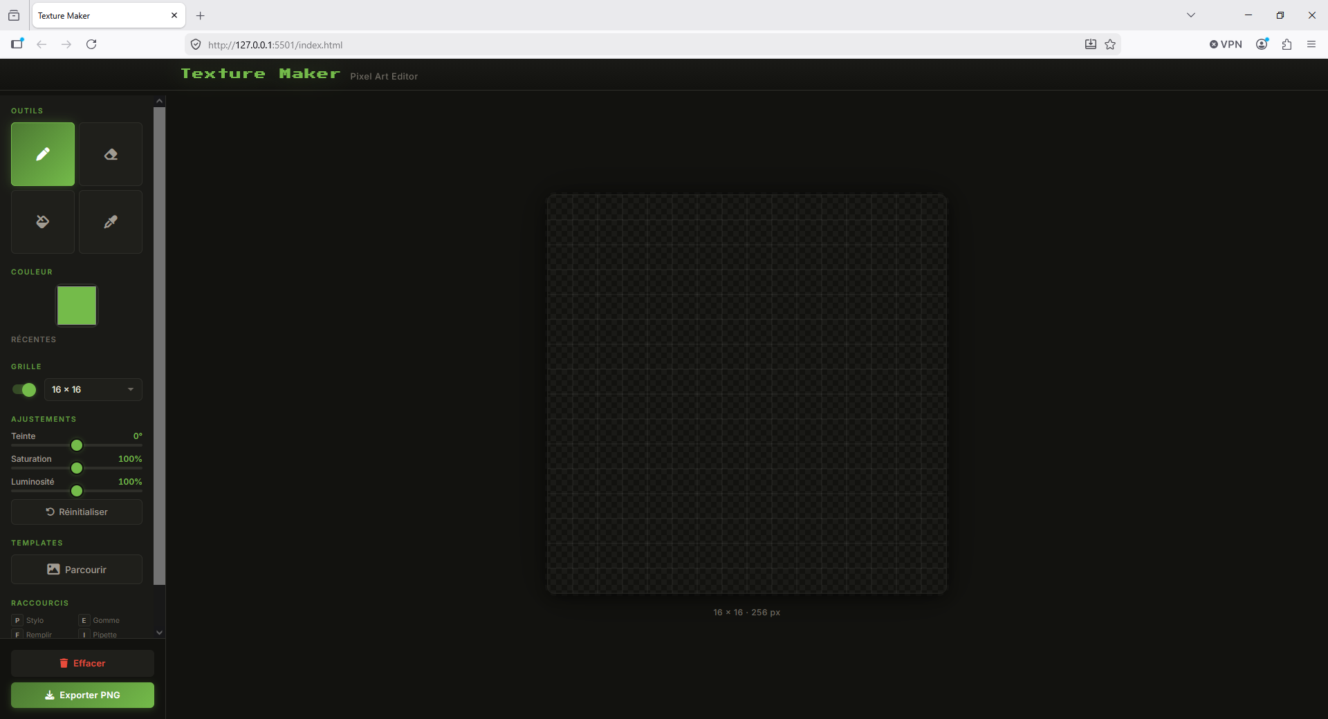 Interface principale de Texture Maker avec la grille de pixels