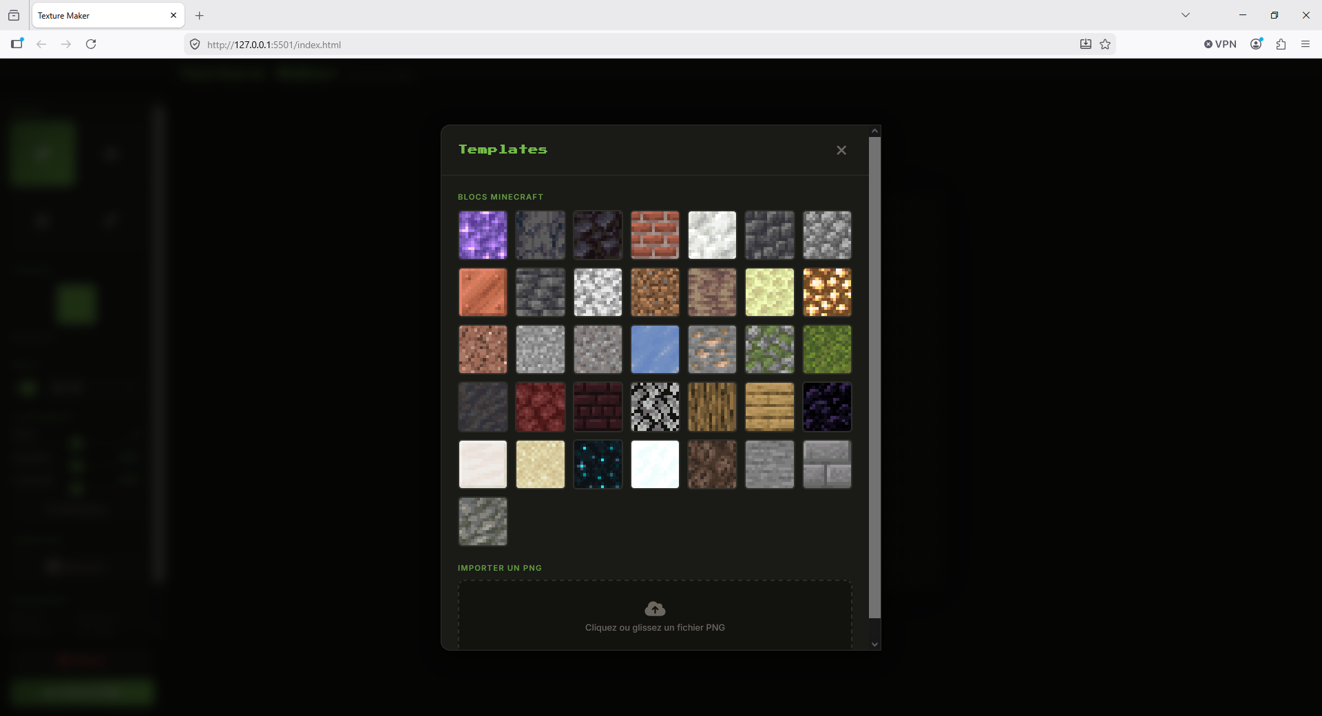 Sélection de templates Minecraft intégrés
